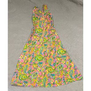 Vintage 70’s Groovy Hand Made Maxi Dress Green Pink Paisley XS